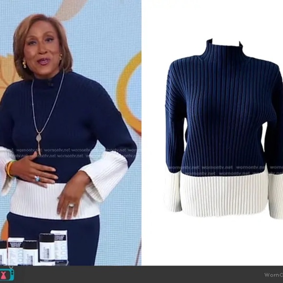 Polo Ralph Lauren Navy & White Ribbed Mock Neck Sweater Worn by Robin Roberts - Picture 1 of 10
